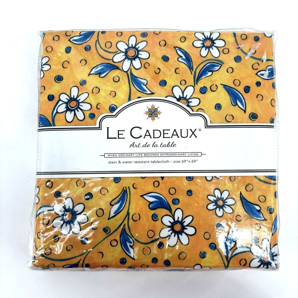 Le Cadeaux Benidorm Tablecloth 69x69" NWT Yellow Blue Stain Water Resistant